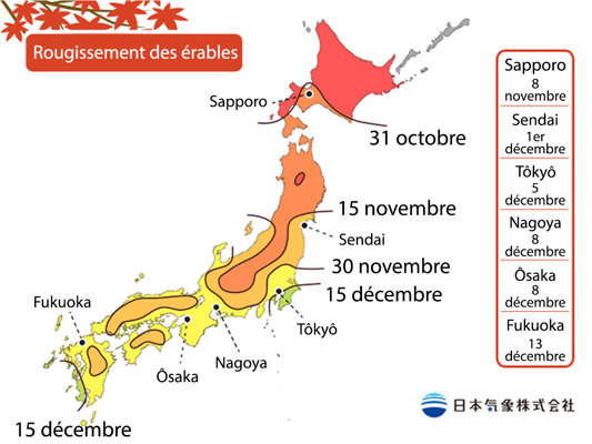 Prévisions du rougissement des érables par la JMA